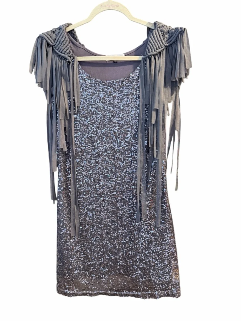 Sequin Fringe Detail Sleeveless Dress - Gray - Picture 2 of 5